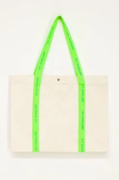 My Jewellery Sac Cabas En Toile Beige à Anses Vert Néon Vert/Beige Discount