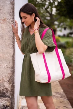 My Jewellery Sac Cabas En Toile Beige à Anses Roses Néon Rose/Beige Best