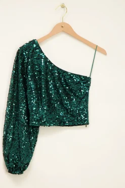 My Jewellery Top Asymétrique à Manche Longue Vert Avec Sequins Clearance