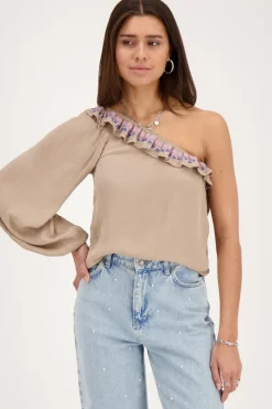 My Jewellery Top Asymétrique à Manche Longue Avec Broderie Multicolore Beige Sale