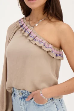 My Jewellery Top Asymétrique à Manche Longue Avec Broderie Multicolore Beige Sale