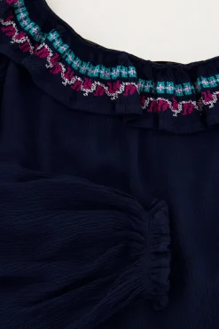 My Jewellery Top Asymétrique à Manche Longue Bleu Foncé Avec Broderies Multicolores Bleu foncé/Bleu Sale
