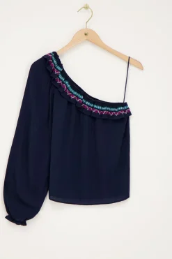 My Jewellery Top Asymétrique à Manche Longue Bleu Foncé Avec Broderies Multicolores Bleu foncé/Bleu Sale