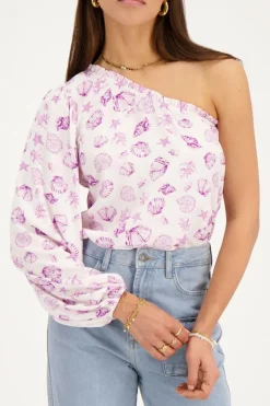 My Jewellery Top Asymétrique à Manche Longue Blanc Avec Imprimé Marin Violet Discount