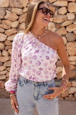 My Jewellery Top Asymétrique à Manche Longue Blanc Avec Imprimé Marin Violet Discount