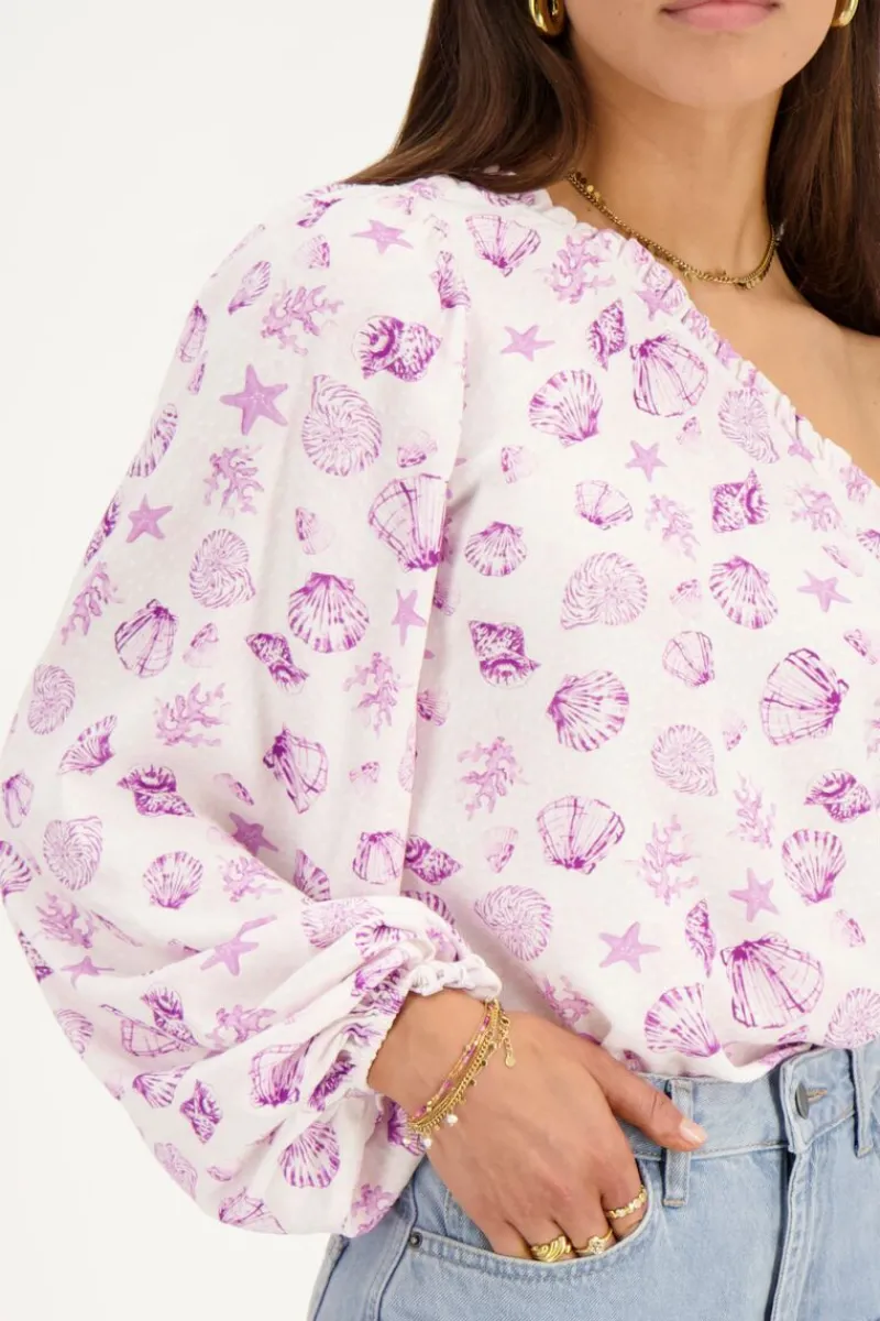 My Jewellery Top Asymétrique à Manche Longue Blanc Avec Imprimé Marin Violet Discount