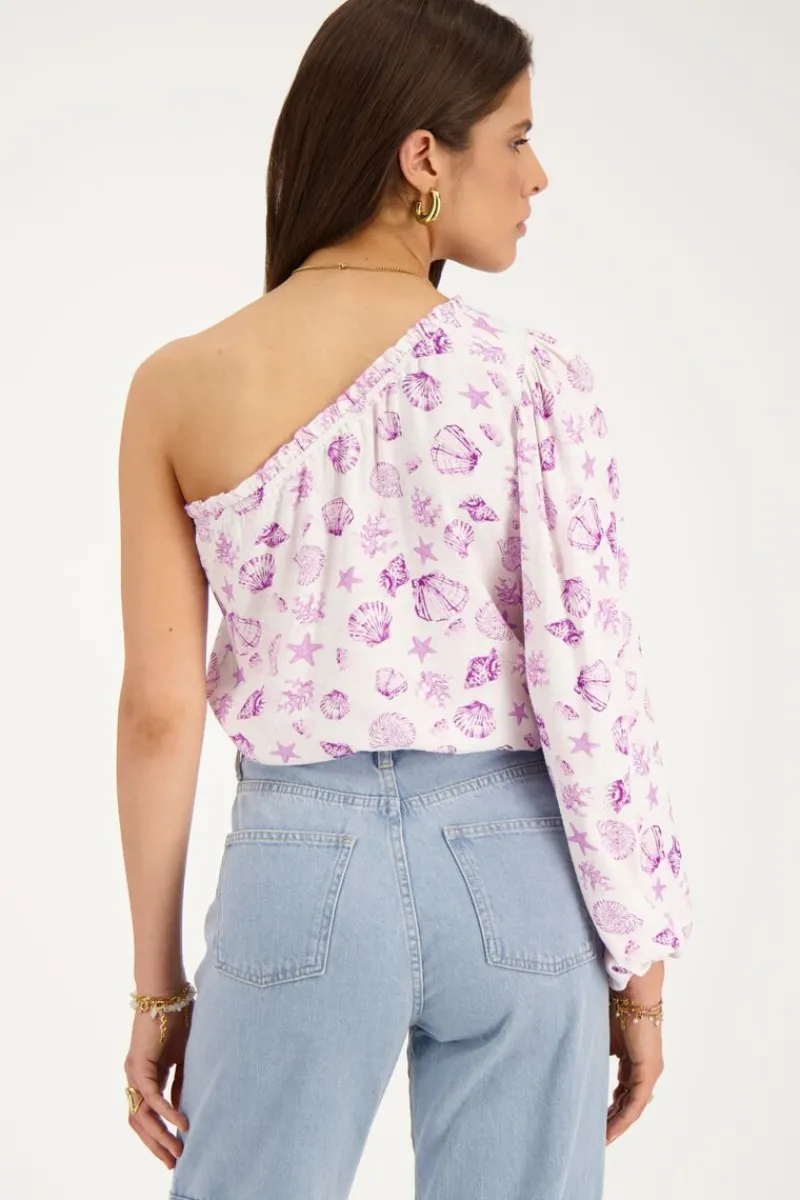 My Jewellery Top Asymétrique à Manche Longue Blanc Avec Imprimé Marin Violet Discount