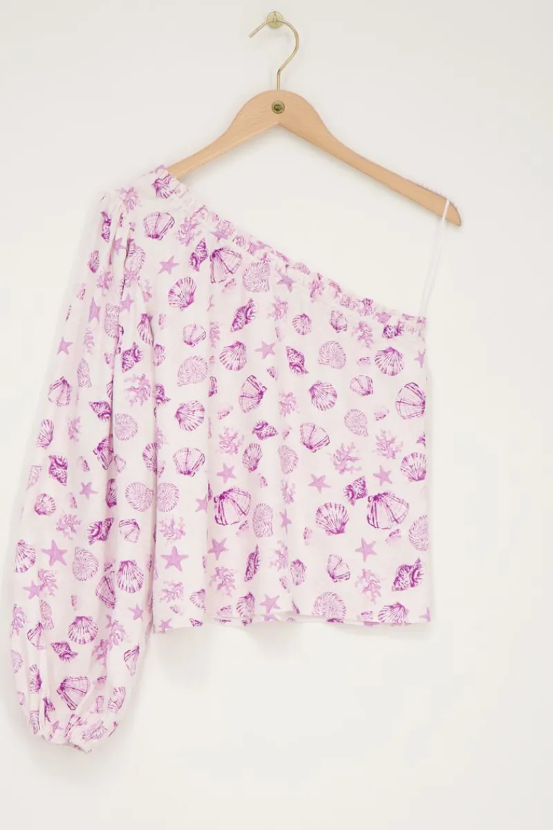 My Jewellery Top Asymétrique à Manche Longue Blanc Avec Imprimé Marin Violet Discount