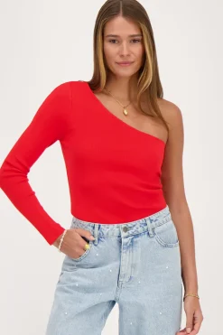My Jewellery Top Asymétrique à Manche Longue Rouge Discount