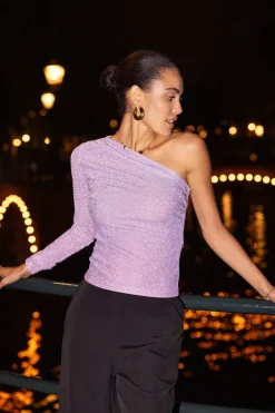 My Jewellery Top Asymétrique à Manche Longue Lilas En Lurex Violet clair Hot