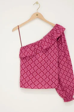 My Jewellery Top Asymétrique à Manche Longue Rose Avec Imprimé Ikat Et Volants Discount