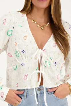 My Jewellery Top Blanc Avec Nœuds Et Broderies Multicolores Sale