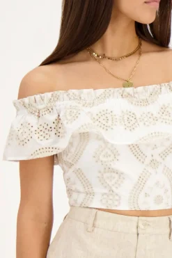 My Jewellery Top Cropped Beige Avec Broderie Contrastée Blanc/Beige Clearance