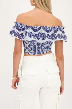 My Jewellery Top Cropped Bleu Avec Broderie Contrastée Bleu clair/Bleu foncé Clearance