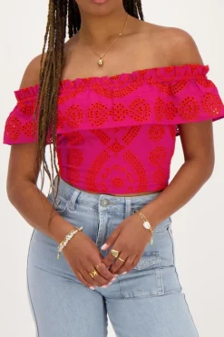 My Jewellery Top Cropped Rose Avec Broderie Contrastée Rouge/Rose Outlet