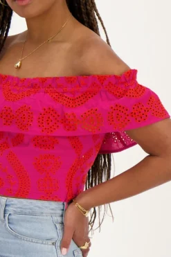 My Jewellery Top Cropped Rose Avec Broderie Contrastée Rouge/Rose Outlet