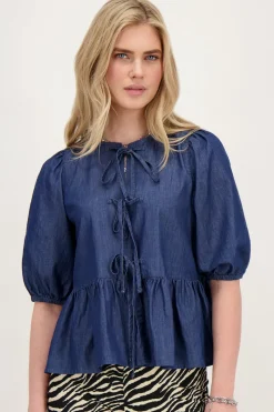My Jewellery Top En Denim Bleu Avec Nœuds Et Manches Bouffantes Online