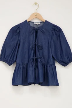 My Jewellery Top En Denim Bleu Avec Nœuds Et Manches Bouffantes Online