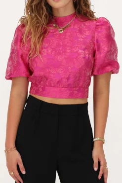 My Jewellery Top En Jacquard Rose Avec Dos Ouvert Et Manches Bouffantes Outlet