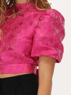 My Jewellery Top En Jacquard Rose Avec Dos Ouvert Et Manches Bouffantes Outlet