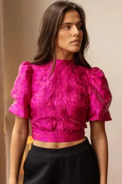 My Jewellery Top En Jacquard Rose Avec Dos Ouvert Et Manches Bouffantes Outlet
