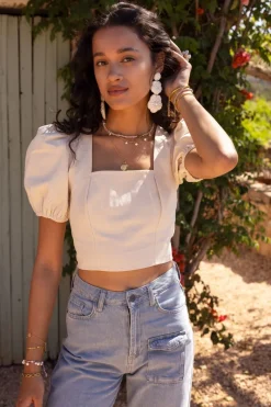 My Jewellery Top En Lin Beige Avec Manches Bouffantes Outlet