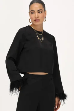 My Jewellery Top Satiné Noir Avec Plumes Hot