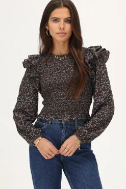 My Jewellery Top Smocké Marron Avec Imprimé Floral Bleu Outlet