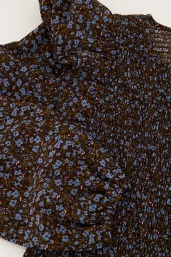 My Jewellery Top Smocké Marron Avec Imprimé Floral Bleu Outlet