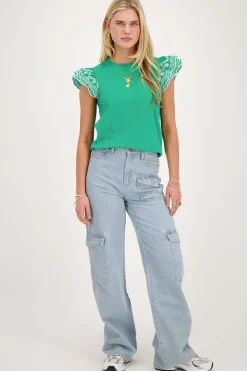 My Jewellery Top Vert Avec Manches Brodées Vert/Beige Sale