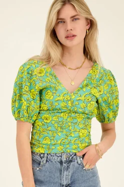 My Jewellery Top Vert Fleuri à Manches Bouffantes New