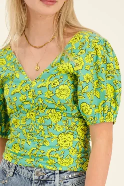 My Jewellery Top Vert Fleuri à Manches Bouffantes New