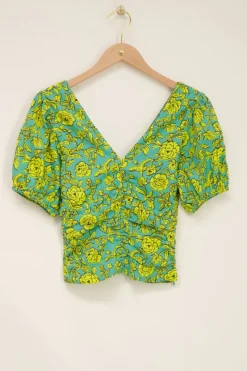 My Jewellery Top Vert Fleuri à Manches Bouffantes New