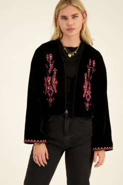 My Jewellery Veste En Velours Noir Avec Broderie Rose Best