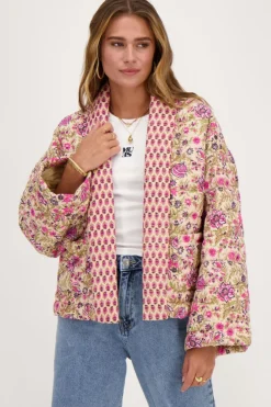 My Jewellery Veste Kimono Beige à Imprimé Fleuri Vert Et Rose Best