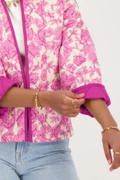 My Jewellery Veste Kimono Beige à Imprimé Fleuri Rose Et Violet Hot