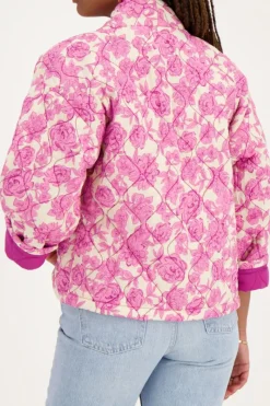 My Jewellery Veste Kimono Beige à Imprimé Fleuri Rose Et Violet Hot