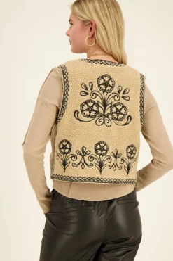 My Jewellery Veste Sans Manche Teddy Beige & Broderie Noire New