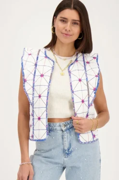 My Jewellery Veste Sans Manches Blanche Avec Broderies Bleues Et Roses Outlet