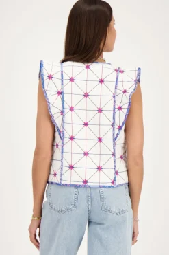 My Jewellery Veste Sans Manches Blanche Avec Broderies Bleues Et Roses Outlet
