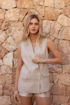 My Jewellery Veste Sans Manches En Lin Beige Avec Boutons Clearance
