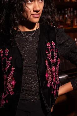 My Jewellery Veste Sans Manches En Velours Noir Et Broderie Rose Best