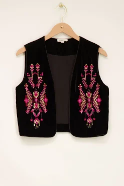 My Jewellery Veste Sans Manches En Velours Noir Et Broderie Rose Best