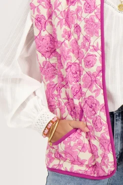 My Jewellery Veste Sans Manches Matelassée Beige Avec Imprimé Fleuri Rose Et Violet Clearance
