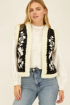 My Jewellery Veste Sans Manches Noire En Teddy Et Broderies Blanches Noir et blanc Clearance
