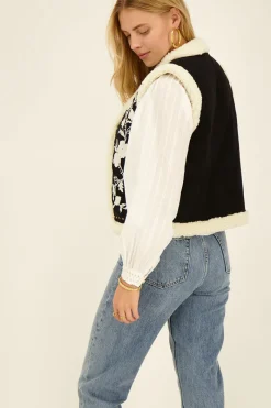 My Jewellery Veste Sans Manches Noire En Teddy Et Broderies Blanches Noir et blanc Clearance