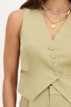 My Jewellery Veste Sans Manches Verte Olive Aspect Satiné New